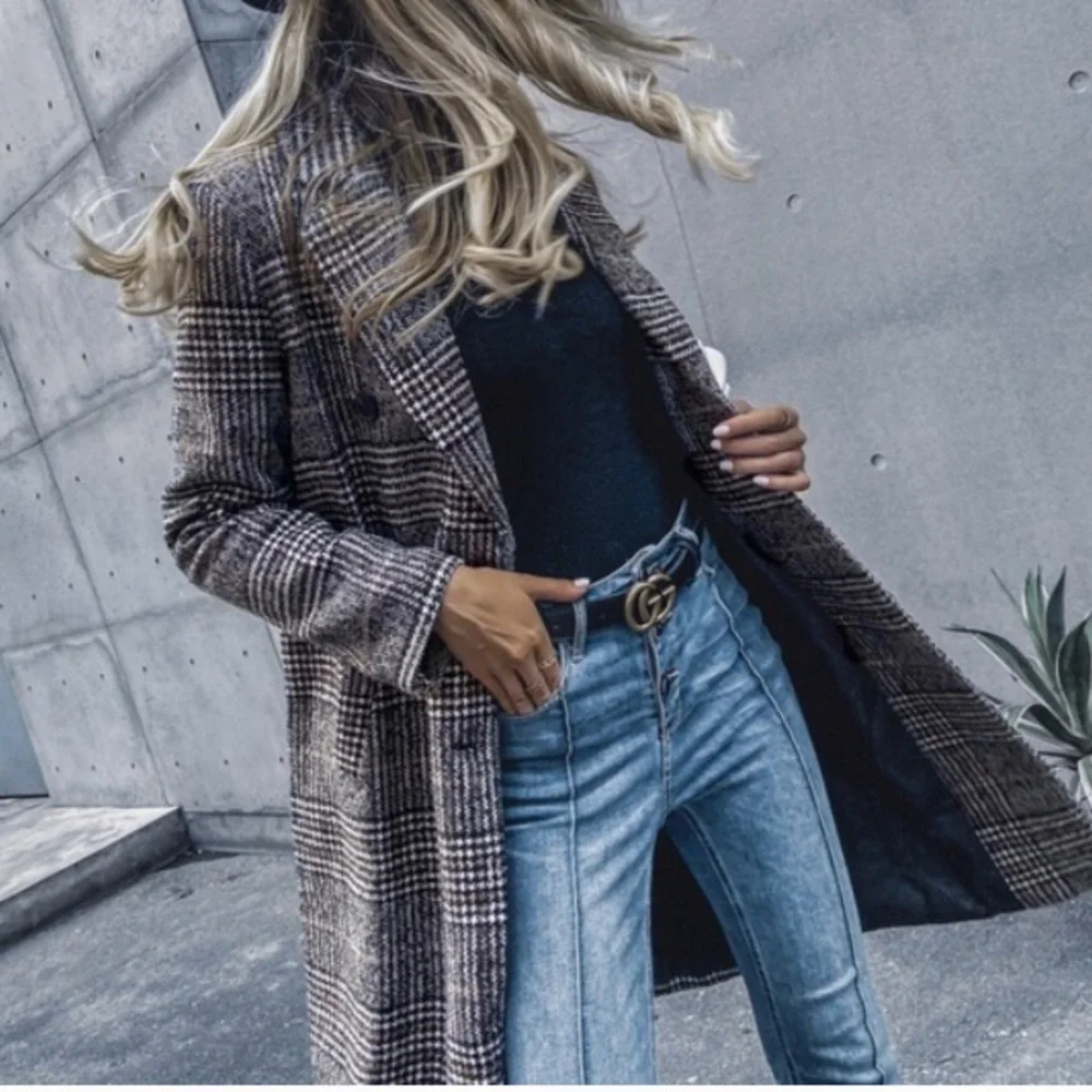 Comfy plaid trench fall button pea coat jacket